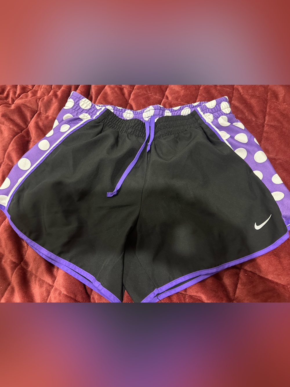 Nike Black Athletic Shorts with Purple Polka-Dot Waistband